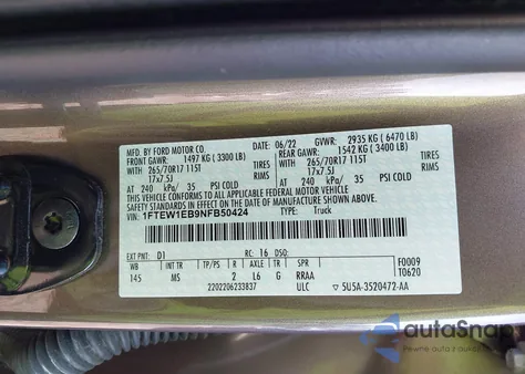 2022 Ford F-150 Xlt из США, поврежденный, VIN 1FTEW1EB9NFB50424